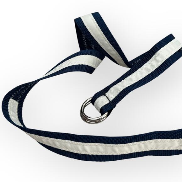 American VTG Y2K Blue and White Fabric Striped Belt with Metal Buckle - Picture 8 of 9